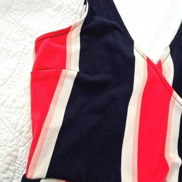 Express Women's Faux Mini Wrap Dress Size Small Navy Blue Red White Sleeveless - Picture 2 of 14